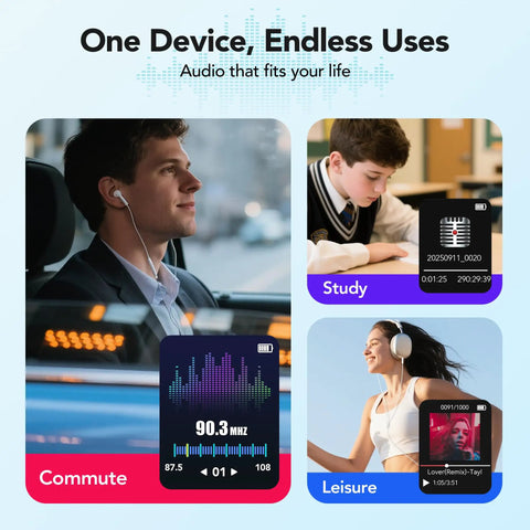 Collage showing a man commuting, a boy studying, and a woman enjoying leisure, highlighting the versatility of 64GB MP3 Player With 65 Hours Of Battery Life Ultra Lightweight Pocket Sized Music Player For Sports And Armband Fast USB Charge In 2 To 3 Hours Black.