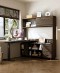 Cool L Shaped Electric Standing Desk In Dark Walnut With Smart Hutch And Built In Storage For Home Office, Moves From Sitting To Standing Fast With Memory Presets For Your Daily Work Grind in a stylish home office setup.