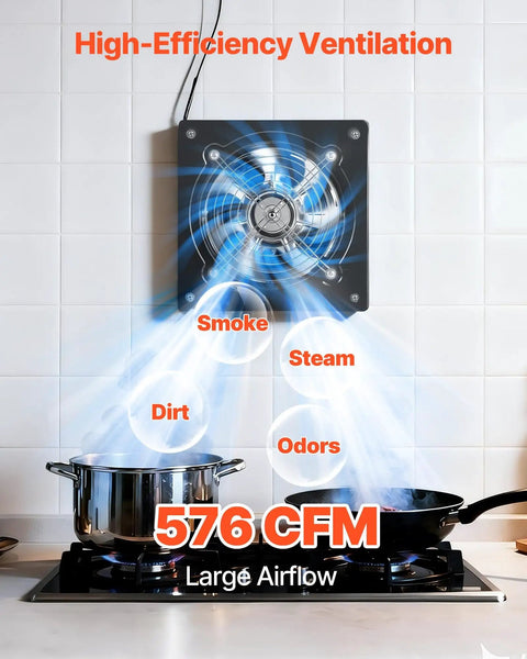 Beefy 8 Inch Exhaust Fan With On Off Control, High Velocity Wall Mount Ventilation Fan Delivers 576 CFM At 55W above stove