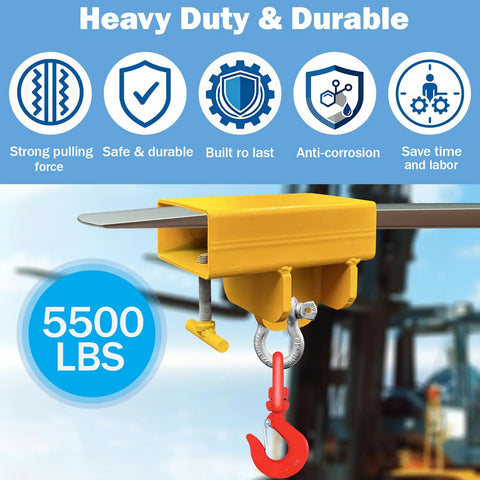 Heavy Duty Forklift Lifting Hook Attachment With 5500 Lbs Capacity, Single Fork Mobile Crane Hoist Builds Ultimate Workhorse For Rigging And Tough Jobs, Rugged Steel Build With Swivel Hook And Easy T-Screw Lock