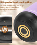 Close-up of bottom of Precision Temp Control Self Heating Coffee Mug Rechargeable Smart Cup showing upgraded gold-coating ring and charger.