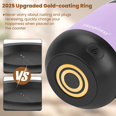 Close-up of bottom of Precision Temp Control Self Heating Coffee Mug Rechargeable Smart Cup showing upgraded gold-coating ring and charger.