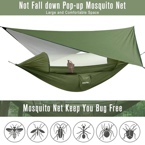 Durable Outdoor Camping Hammock with Mosquito Net and Rain Fly set up with person inside, showing parachute nylon and triple stitch edges.