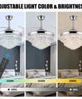 Crystal Ceiling Fan With Light 42 Inch Fandelier Retractable Blades showing adjustable light colors and brightness in bedroom