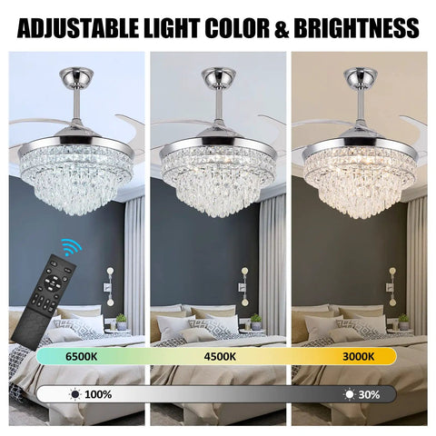 Crystal Ceiling Fan With Light 42 Inch Fandelier Retractable Blades showing adjustable light colors and brightness in bedroom