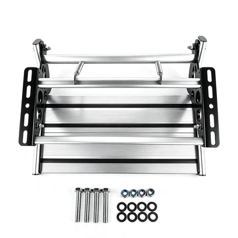 Manual RV Step Single Folding Ladder For Trailers And Campers, Retractable Entry Stair, 440 LB Capacity, Aluminum Alloy Construction With Powder Coated Steel Plates, Built To Last And Easy To Install For Motorhomes. Front view with mounting hardware