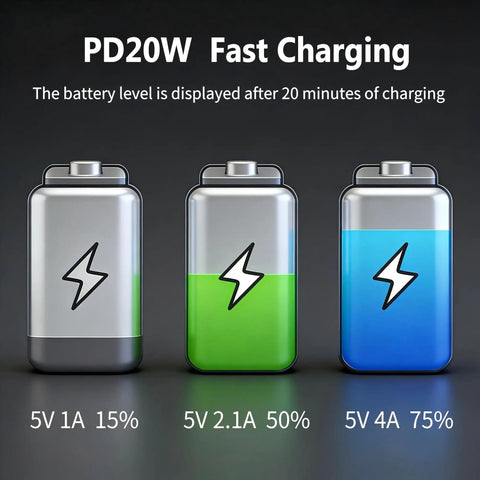 PD20W Fast Charging battery levels displayed, showing 15%, 50% and 75% charge in silver and colored designs.