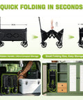 All Terrain Folding Wagon Cart With Wheels And Brakes, shown folded, fitting into car trunk and closet