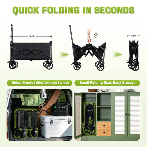 All Terrain Folding Wagon Cart With Wheels And Brakes, shown folded, fitting into car trunk and closet
