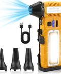 Turbo Charged No Fuss 130000 RPM Electric Air Duster With Light, USB-C charger, four nozzles, yellow mini blower close-up