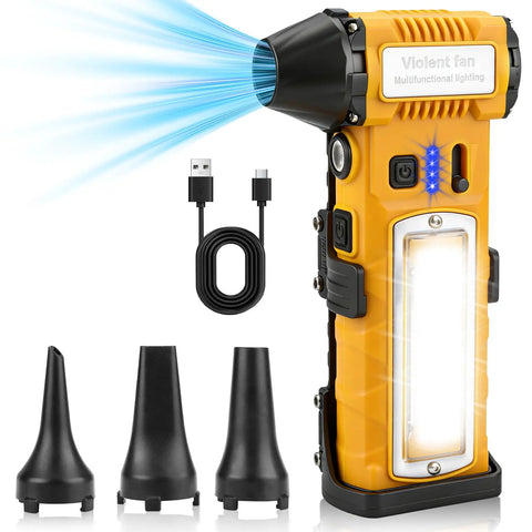 Turbo Charged No Fuss 130000 RPM Electric Air Duster With Light, USB-C charger, four nozzles, yellow mini blower close-up