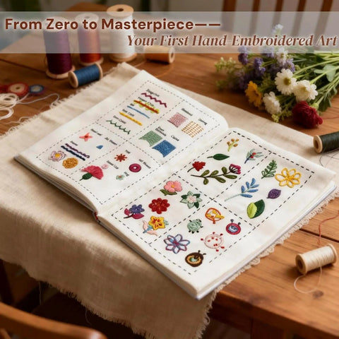 Beginner Friendly Embroidery Kit For Newbies With 99 Piece All In One Toolkit Linen Cloth Step By Step Video Instructions Portable Diy Embroidery Set For Adults Great Craft Gift For First Timers displaying stitch book on table.