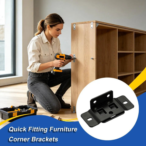 Woman installing Heavy Duty L Shaped Cabinet Corner Brackets With Screws For Flush Fit Hidden Face Fixing on wooden cabinet.