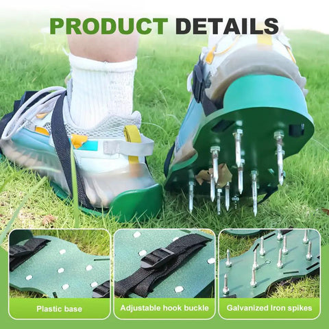 Close-up of Lawn Aerator Shoes With 26 Spikes Self Cleaning Garden Spike Sandals With Adjustable Straps on grass showing spikes.