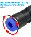 Close-up of 3/16 Inch Push To Connect Air Hose Fittings Kit showing blue quick release connector with 360-degree rotation feature.