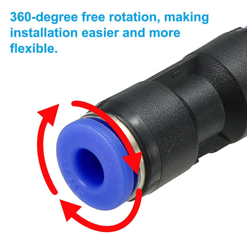 Close-up of 3/16 Inch Push To Connect Air Hose Fittings Kit showing blue quick release connector with 360-degree rotation feature.