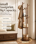 Rotating Coat Rack Freestanding With 9 Hooks And 3 Shelves in walnut finish in living room corner
