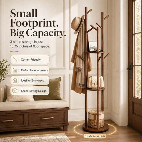 Rotating Coat Rack Freestanding With 9 Hooks And 3 Shelves in walnut finish in living room corner