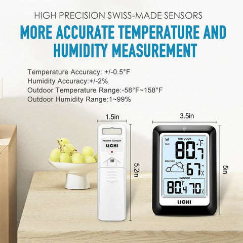 Indoor Outdoor Wireless Weather Station With Real Time Indoor And Outdoor Thermometer And Hygrometer, Battery Operated Monitor