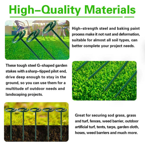 Circle Top Landscape Staples 6 Inch Green Turf Stakes 9 Gauge Beefy Heavy Duty Yard Lawn Spikes for outdoor soil gardening.