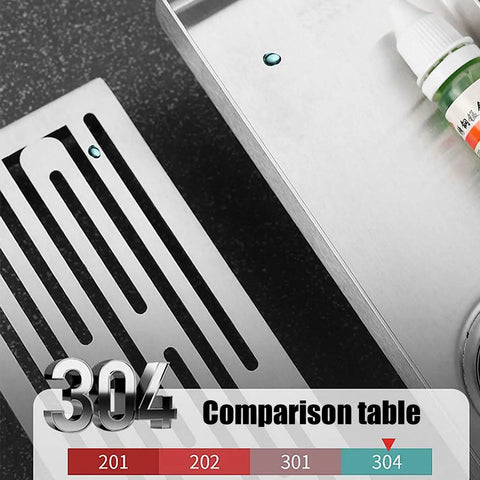 304 Stainless Steel Rectangular Linear Shower Drain Grate Comparison Table showcasing material differences