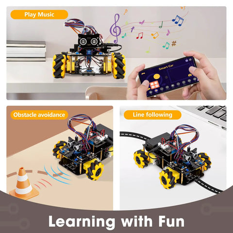 Epic Hands On Programmable Robot Kit For Kids Ages 8 To 12 And 12 To 16 With Remote And App Control ESP32 Powered Scratch And Arduino Compatible STEM Toys For Boys And Girls Yellow smart car with app control, obstacle avoidance and line following