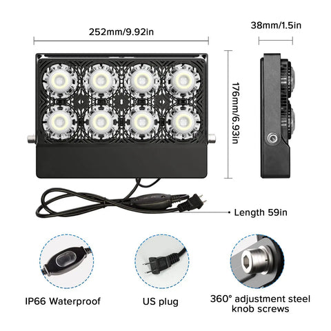 Rugged Outdoor LED Flood Light 350W Equivalent 5000 Lumen Beast Bright Security And Work Light with measurements and features