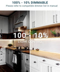 Kitchen with dimmable under cabinet LED light, showing 100% to 10% light control, installed beneath cabinets.