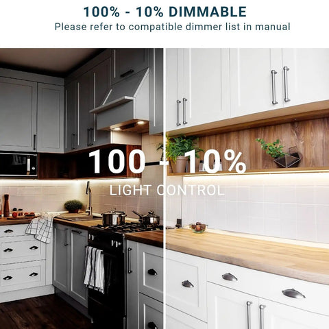 Kitchen showing dimmable LED Under Cabinet Lighting With Swivel Lens 24 Inch, 14W, 5 Color Temperature Options, hardwired setup