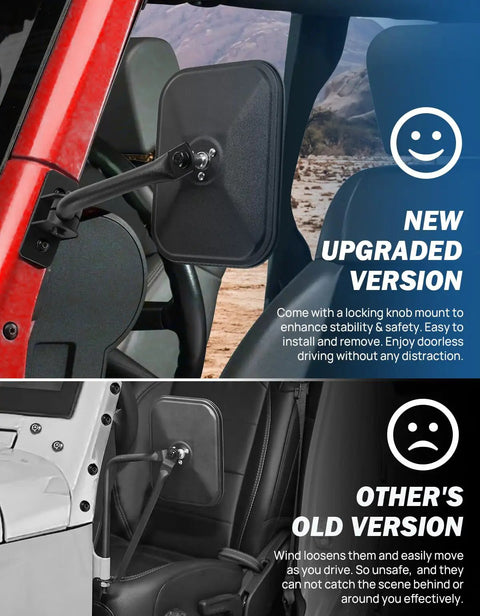 Doors Off Side View Mirror Kit For Wrangler TJ JK JKU 1997 2018 easy install shown on Jeep door, no vibration, durable design