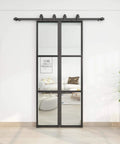 Double Barn Door Set 36 By 84 With 6Ft Hardware Kit and Soft Close, featuring two 18 by 84 glass panels and carbon steel frame