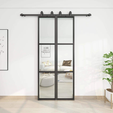 Double Barn Door Set 36 By 84 With 6Ft Hardware Kit and Soft Close, featuring two 18 by 84 glass panels and carbon steel frame