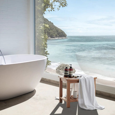 21 Inch Poly Lumber Waterproof Shower Bench With Storage Shelf near bathtub by beach view window