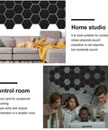 Solid Heavy Duty Hexagon Acoustic Foam Panels in home studio, black wall tiles on backdrop over sofa with dog