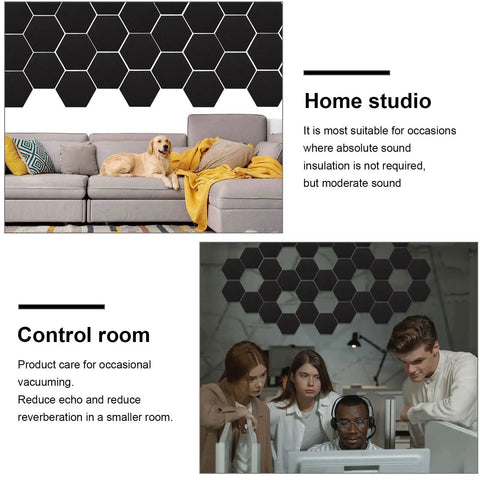 Top Shelf Hexagon Soundproofing Panels 3 Pack Fire Resistant High Density Polyurethane Acoustic Foam Tiles Wall Mount Design For Office Recording And Control Rooms Black in a home studio and control room setup.