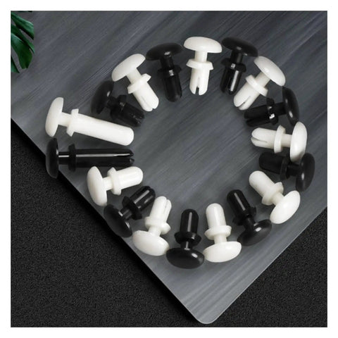 Nylon Expansion Rivet Nut Clips For Motherboard And Pcb Mounting Heavy Duty Push Type Spacers Black 100 Pack in circular arrangement.