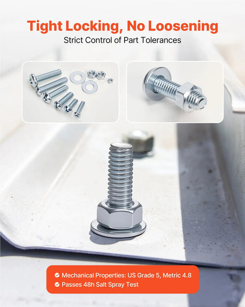 Top Rated 2250 Piece Bolts And Nuts Assortment Kit Including Metric And Imperial Machine Screws Plus Flat Washers In Alloy Steel For Shop Builds And Garage Fixes Galvanized White Finish, featuring hex bolt, nut, and washers on metal surface.