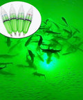 Six Pack Colorful LED Underwater Fishing Lights Kit For Night Fishing highlighting green fish in water and detailed view of lights.