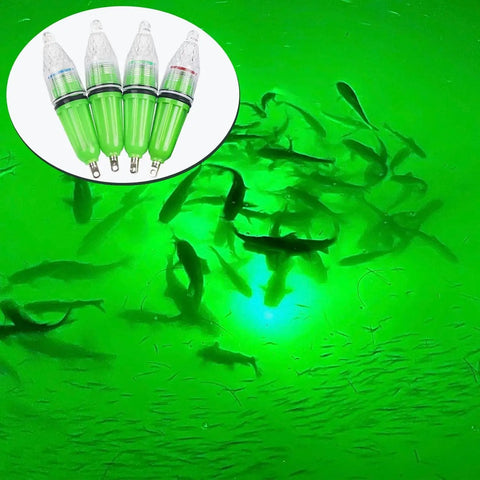 Six Pack Colorful LED Underwater Fishing Lights Kit For Night Fishing highlighting green fish in water and detailed view of lights.