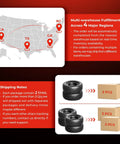 Map with warehouse locations and shipping notes for Set Of 2 19x7-8 ATV UTV Tires 4PR with packaging details.