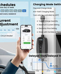 Built Like A Tank Level 2 Ev Charger For Tesla Packing 32 Amps For Quick Home Charging Station Use With Smart Wifi App Control and Trustworthy Etl Certified Nacs Plug showing app controls and settings.