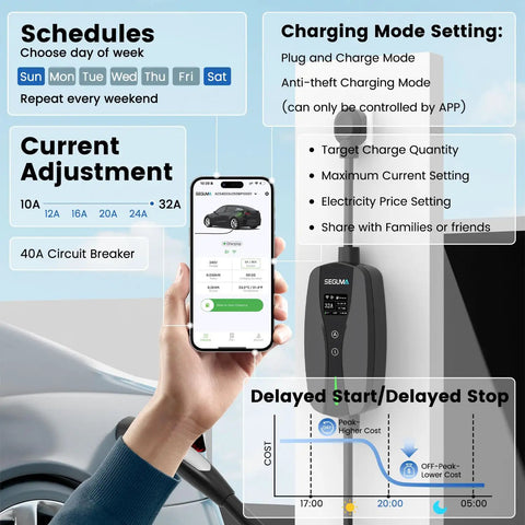 Built Like A Tank Level 2 Ev Charger For Tesla Packing 32 Amps For Quick Home Charging Station Use With Smart Wifi App Control and Trustworthy Etl Certified Nacs Plug showing app controls and settings.
