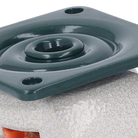 Close-up of a professional grade leveling caster with a green mounting plate for easy height adjustment.