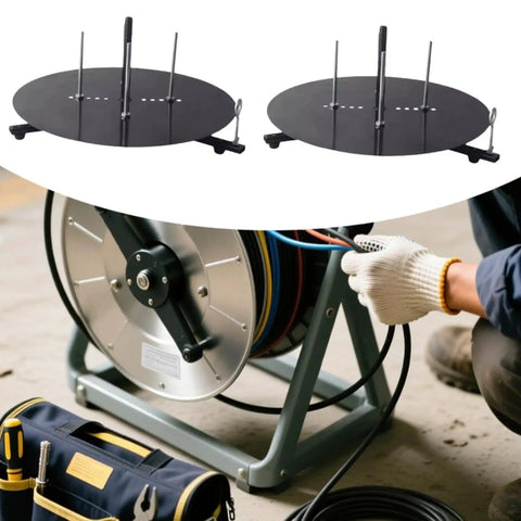 Straight Up Heavy Duty Wire Dispenser Rack And Portable Cable Management Tray featuring smooth rotating metal build, used with wires.