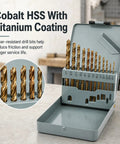 Sick 13-Piece Cobalt Left Hand Drill Bit Set For Stainless Steel And Hardened Metal! Heavy Duty Reverse Twist Bits With Split Point Tip, Titanium Coated HSS Jobber Length Kit In Storage Case For Tough Jobs. 13-piece titanium-coated HSS drill bit set in metal case