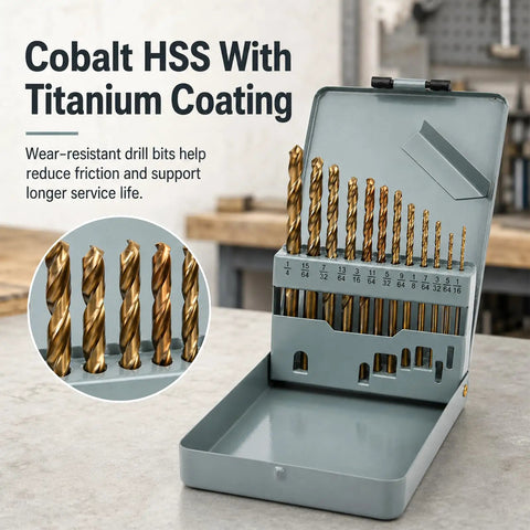 Sick 13-Piece Cobalt Left Hand Drill Bit Set For Stainless Steel And Hardened Metal! Heavy Duty Reverse Twist Bits With Split Point Tip, Titanium Coated HSS Jobber Length Kit In Storage Case For Tough Jobs. 13-piece titanium-coated HSS drill bit set in metal case