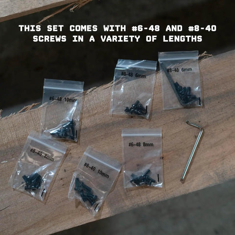 Top Tier Gunsmithing Screw Kit Featuring Hardened Steel Torx Fasteners In Six Precision Sizes Plus Heavy Duty Torx Wrench laid out on wood.