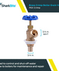 Go-To Brass Crimp Boiler Drain Valve 3/4 Inch By 3/4 Inch MHT With Garden Hose Outlet, shown with blue handle and fittings