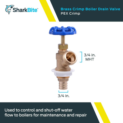 Go-To Brass Crimp Boiler Drain Valve 3/4 Inch By 3/4 Inch MHT With Garden Hose Outlet, shown with blue handle and fittings