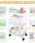 Beige Diaper Caddy Organizer With Movable Cart For Changing Table And Crib showing storage of diapers, wipes, and baby essentials.